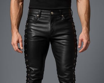 thumbnail image 2 of Men's Vintage Cow Leather Motorcycle Jeans With Side Laces – THE BIKER USA Customizable Waist 26-48 2 of 3
