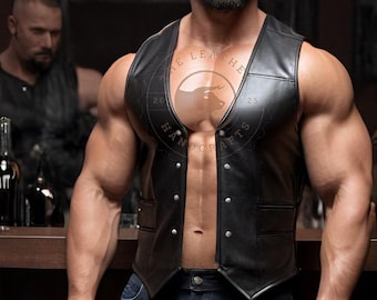Leren barvest heren - handgemaakt echt leren bikervest - cadeau voor hem - leren vest voor heren - handgemaakt schapenleer vest met open voorkant
