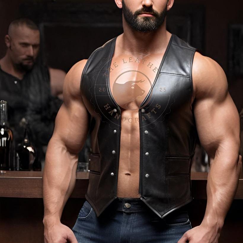 Men's Leather Bar Vest - Handmade Genuine Leather Biker Vest
