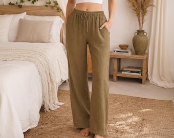 Linen Trousers For Women – Relaxed Fit Drawstring Pants – Breathable Summer Beach Pants – Casual Wide Leg Pants
