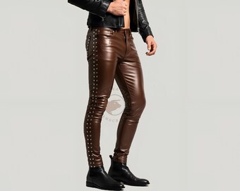 Handmade Brown Leather Studded Biker Pants: Skin Fit Gothic Trousers