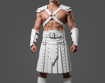 Handmade White Leather Gladiator Kilt Harness with Bracers: Roman Warrior Costume