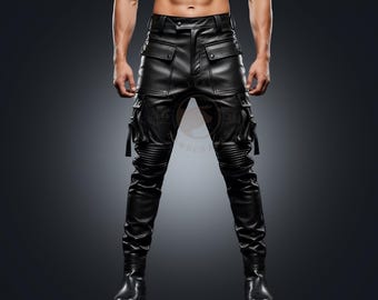 Handmade Black Leather Cargo Pants: Tactical Techwear Biker Style