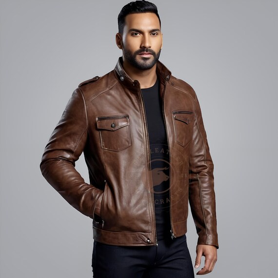 Handmade Brown Leather Biker Jacket: Brando Style, Custom Fit