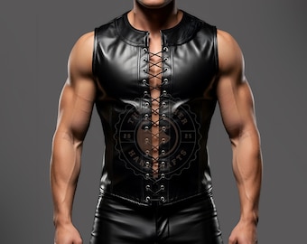 Handmade Black Leather Lace-Up Vest: Gothic Biker Corset
