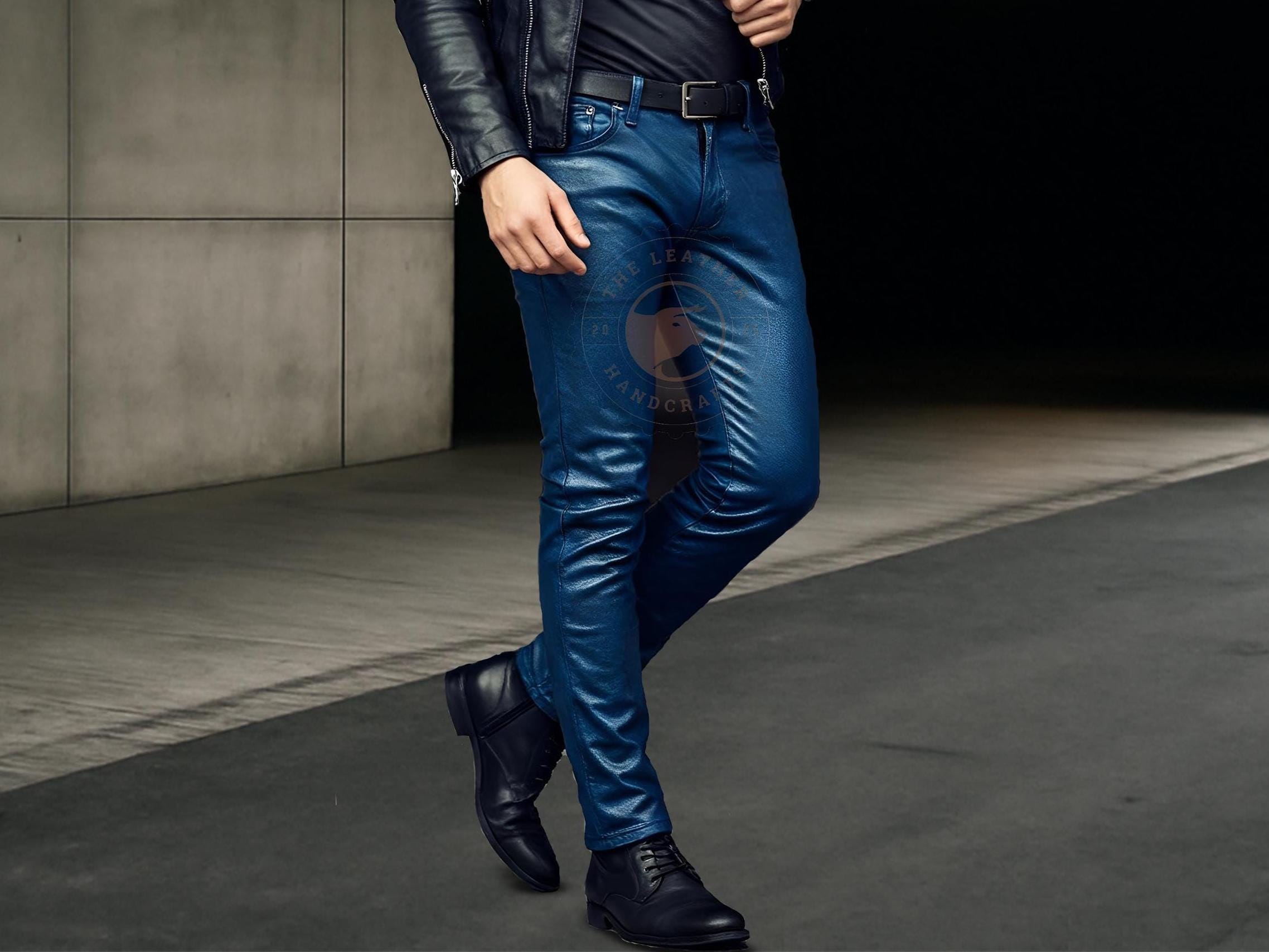Blue leather pants - Etsy 日本