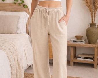 Calças de linho femininas – Calças com cordão e modelagem relaxada – Calças de praia respiráveis para o verão – Calças casuais de perna larga