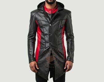 Handmade Leather Hooded Trench Coat: Gothic Cyberpunk Duster Jacket
