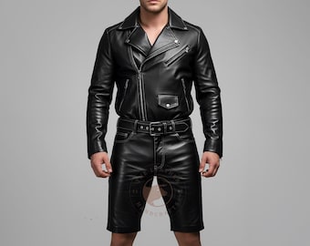 Handmade Black Leather Biker Jacket & Shorts Set: Brando Style Outfit