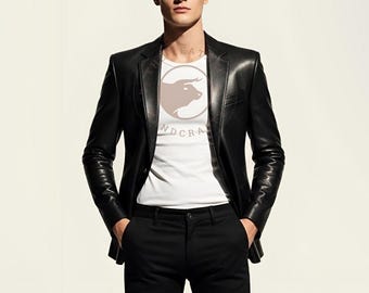Handmade Black Leather Blazer: Slim Fit, Custom Tailored