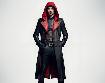 Genuine Leather Hooded Trench Coat – Gothic Cyberpunk Duster Jacket, Steampunk Cosplay Outerwear, Handmade Real Leather Coat