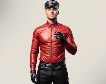Red Leather Shirt: Handmade Slim Fit Biker Clubwear