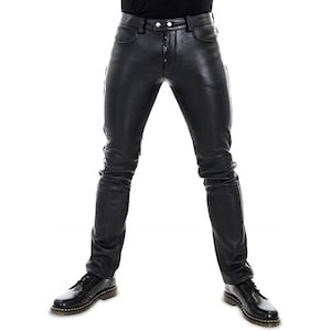 May include: Black leather trousers with a slim fit.