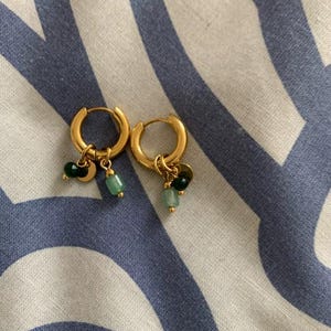 Retro Hoop Earrings for Women, 18K Gold Plated, Green Natural Stone, Stainless Steel, Waterproof Fashion Jewelry, Chic.