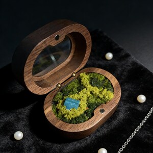 May include: An open, oval-shaped wooden jewellery box with a clear lid. Inside, a miniature landscape of green moss and a blue gemstone is visible. The box sits on a black velvet surface, with pearls scattered around.