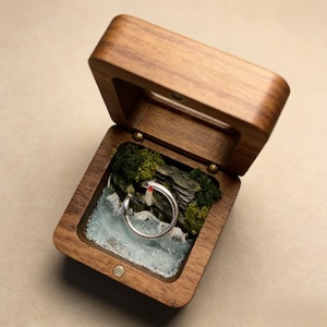 Op de afbeelding: Een zilveren ring met een rode accent ligt in een open houten ringdoosje. De doos bevat een miniatuurlandschap met een waterval, mos en rotsen. De doos is gemaakt van donker hout.