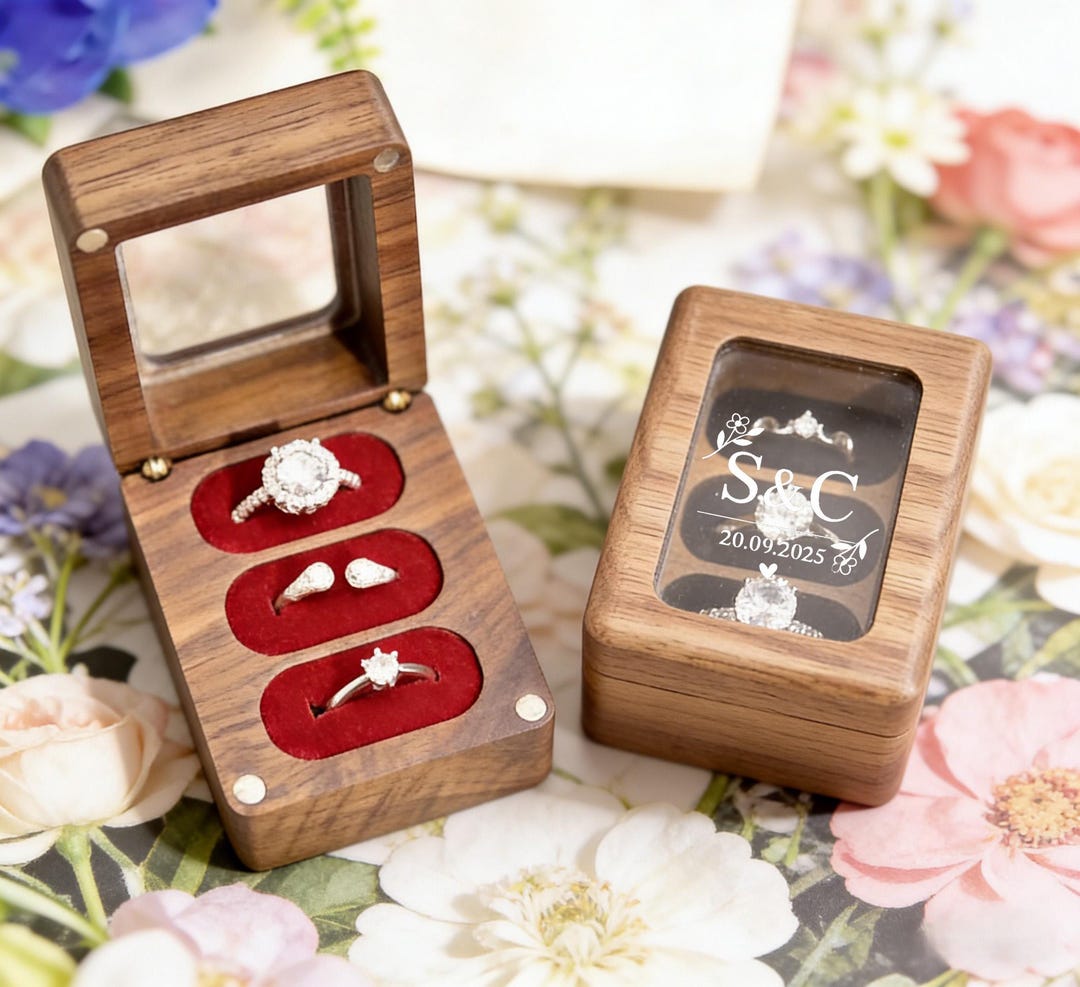 Personalized Wooden Ring Box for 3 Rings | Custom Engraved Ring Box ...