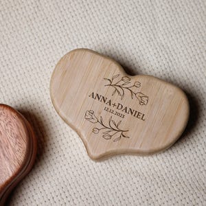 Heart-Shaped Double Ring Wooden Box | Personalized Engraved Wedding Ring Holder | Bamboo or Walnut | Custom Couple Gift with Names & Date