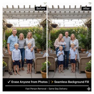 Könnte beinhalten: Ein Vergleich von zwei Familienfotos, vor und nach der Bearbeitung. Das "Vorher"-Bild zeigt eine Gruppe von Personen, während das "Nachher"-Bild eine andere Zusammensetzung hat. Der Text unten lautet "Erase Anyone from Photos | Seamless Background Fill."