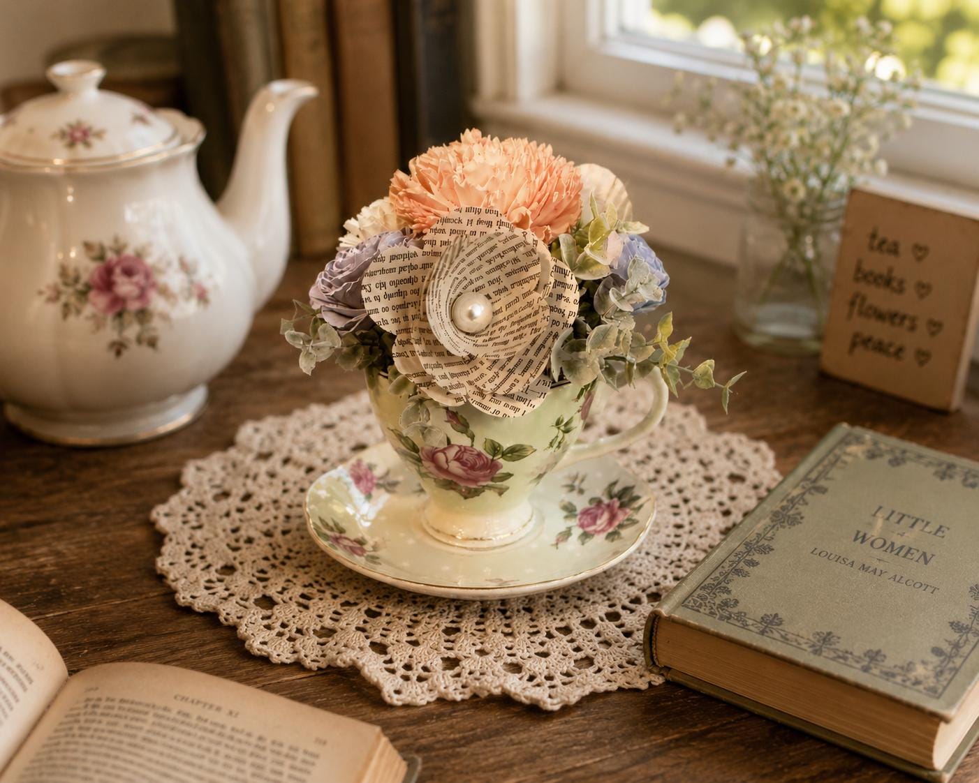 Book Page Flower Arrangement in Vintage Teacup Literary