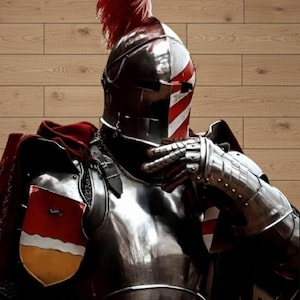 May include: A suit of medieval armor, featuring a polished metal breastplate, gauntlets, and helmet. The helmet has red and white stripes, and a red plume. A red cape and shield with a crest complete the ensemble.