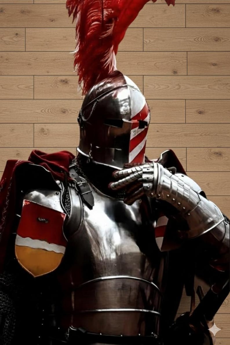 May include: A suit of medieval armor, featuring a polished metal breastplate, gauntlets, and helmet. The helmet has red and white stripes, and a red plume. A red cape and shield with a crest complete the ensemble.