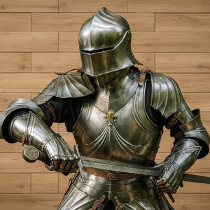 Könnte beinhalten: Eine vollständige mittelalterliche Rüstung in Silber- und Bronzetönen, komplett mit Helm, Schulterpanzern und Panzerhandschuhen. Die Rüstung ist mit Nieten und Riemen versehen, und ein Schwert wird in den Händen gehalten. Eine Fleur-de-Lis befindet sich auf der Brust.