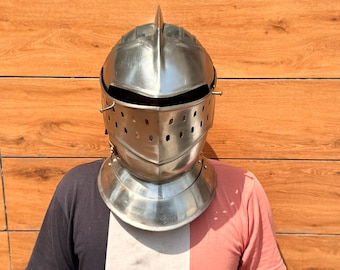 Capacete de Cavaleiro Europeu | Aço calibre 18, Armadura para Fantasia LARP