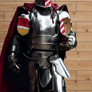 May include: A full suit of polished steel armor, complete with a helmet adorned with red feathers. The knight's helmet and shield feature red and white stripes. A red cape drapes over the shoulders.