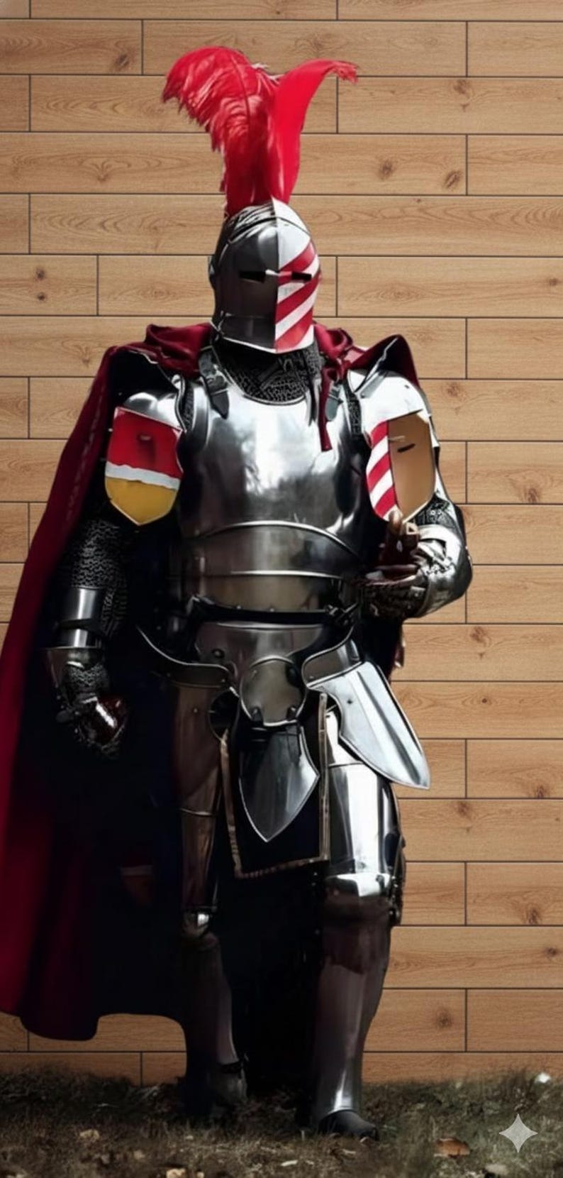 May include: A full suit of polished steel armor, complete with a helmet adorned with red feathers. The knight's helmet and shield feature red and white stripes. A red cape drapes over the shoulders.