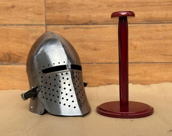 Capacete Barbuta de Aço Prateado | Armadura de Cavaleiro Medieval, Cosplay LARP