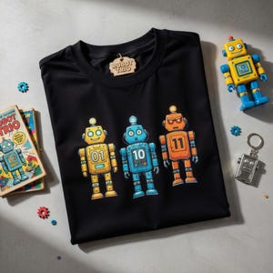 May include: Black t-shirt with a graphic of three robots, each with a different number: 01, 10, and 11. A wooden tag reading "Robot Trio" is attached. Other robot-themed items, including a toy and a comic book, are also present.