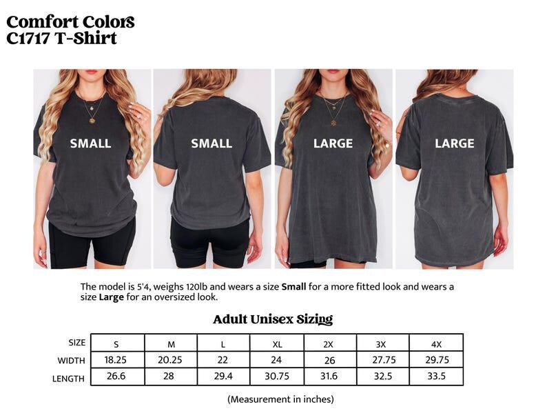 May include: A charcoal grey Comfort Colors C1717 t-shirt shown in size small and large from front and back views. Includes a sizing chart with width and length measurements in inches for sizes small through 4X, noting a model height of 5'4 and 120lb weight.