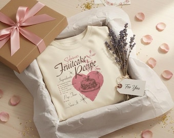 Op de afbeelding: Een crèmekleurig T-shirt met de tekst "Sabrina's Fruitcake Recipe" en een hartvormige afbeelding. Het shirt zit in een geschenkdoos met een roze lint, omringd door rozenblaadjes en een boeket lavendel. Een label leest "For You."