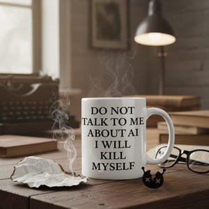 Op de afbeelding: Een witte keramische mok met de tekst "DO NOT TALK TO ME ABOUT AI I WILL KILL MYSELF" in het zwart. De mok staat op een houten oppervlak met een klein zwart decoratief item, een bril en een gedeeltelijk verbrand stuk papier. Stoom stijgt op uit de mok.