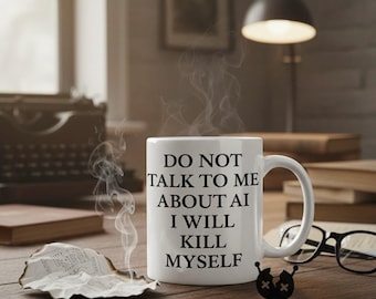 Op de afbeelding: Een witte keramische mok met de tekst "DO NOT TALK TO ME ABOUT AI I WILL KILL MYSELF" in het zwart. De mok staat op een houten oppervlak met een klein zwart decoratief item, een bril en een gedeeltelijk verbrand stuk papier. Stoom stijgt op uit de mok.
