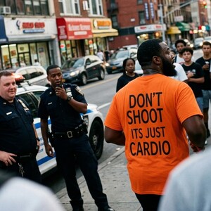 May include: A bright orange short-sleeved t-shirt featuring bold black text on the back that reads: DON'T SHOOT ITS JUST CARDIO. The shirt is worn by an individual standing on a city sidewalk near police officers and a patrol vehicle.