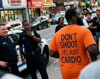 Op de afbeelding: Een feloranje T-shirt met korte mouwen en op de achterkant de vetgedrukte zwarte tekst: DON'T SHOOT ITS JUST CARDIO. Het T-shirt wordt gedragen door een persoon die op een stadsstoep staat in de buurt van politieagenten en een patrouillewagen.