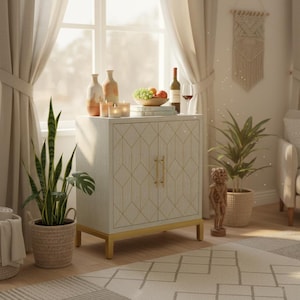 Green Accent Storage Cabinet with Gold Trim