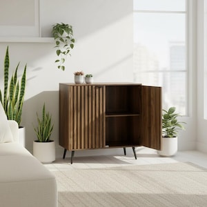 Fluted Walnut Sideboard Cabinet with Adjustable Shelf