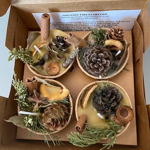 Puede incluir: Una caja con cuatro encendedores orgánicos. Cada encendedor está en un pequeño recipiente redondo y está decorado con piñas, palitos de canela y vegetación. El texto "ORGANIC FIRESTARTERS" es visible en una etiqueta blanca.