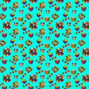 May include: A repeating pattern on a bright turquoise background featuring multiple Rubik's Cubes in various orientations and the Rubik's brand logo printed in green text. The cubes display standard red, blue, yellow, green, white, and orange colors.