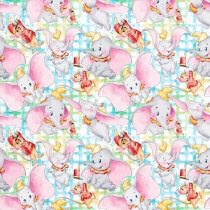 May include: A repeating pattern featuring the character Dumbo the elephant from the Disney film. Dumbo is depicted in various poses with pink ears and a yellow hat, along with Timothy Q. Mouse. The background has a checkered pattern.