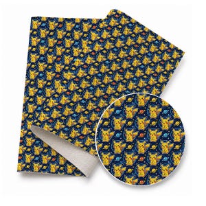 May include: A rectangular sheet of dark blue faux leather fabric featuring a repeating pattern of yellow Pikachu characters surrounded by small colorful planets and stars, with a circular inset showing a magnified view of the same print.