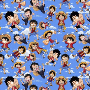 Pode incluir: Um padrão repetido com um personagem de desenho animado em várias poses de ação. O personagem tem cabelo preto, um chapéu de palha, uma jaqueta vermelha e calções azuis. O fundo é um céu azul claro com nuvens brancas.