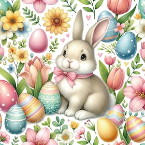 Easter Bunny & Floral Cotton Fabric Pastel Eggs, Spring Flowers Cute Rabbit Print Fabric 100% Cotton for Quilting Crafts By the Half Yard
