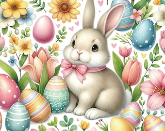 Easter Bunny & Floral Cotton Fabric Pastel Eggs, Spring Flowers Cute Rabbit Print Fabric 100% Cotton for Quilting Crafts By the Half Yard