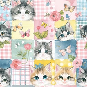 Könnte beinhalten: Ein Stoff mit wiederholtem Muster, das Illustrationen von Kätzchen, Schmetterlingen und Rosen zeigt. Das Design besteht aus quadratischen Blöcken in Gelb-, Rosa- und Blautönen mit karierten und gepunkteten Hintergründen und Blumenmotiven.