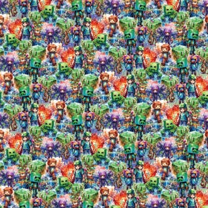 May include: A colourful repeating pattern featuring a variety of characters from the popular video game Minecraft. The characters are depicted in a cartoon style and are set against a background of vibrant colours and textures.