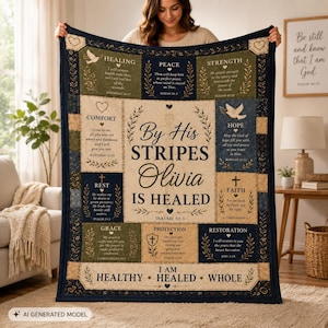 May include: A rectangular quilt featuring a dark blue border and a central cream panel with the text By His STRIPES Olivia IS HEALED. The quilt includes various blocks with religious themes, scripture references, and words like Healing, Peace, and Strength.